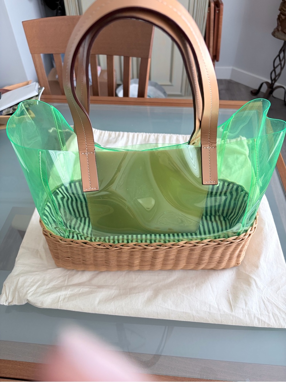 Francis Valentine Green Clear PVC Tote Bag with Wicker Base